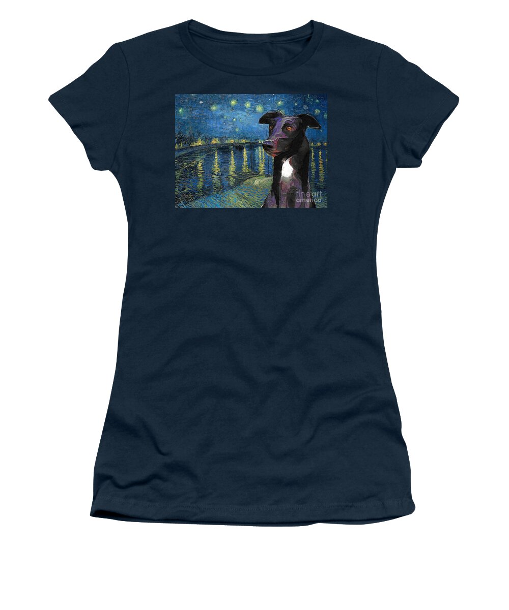 Greyhound Women's T-Shirt featuring the painting Black Greyhound Van Gogh Art Starry Night over Rhone by Sandra Sij