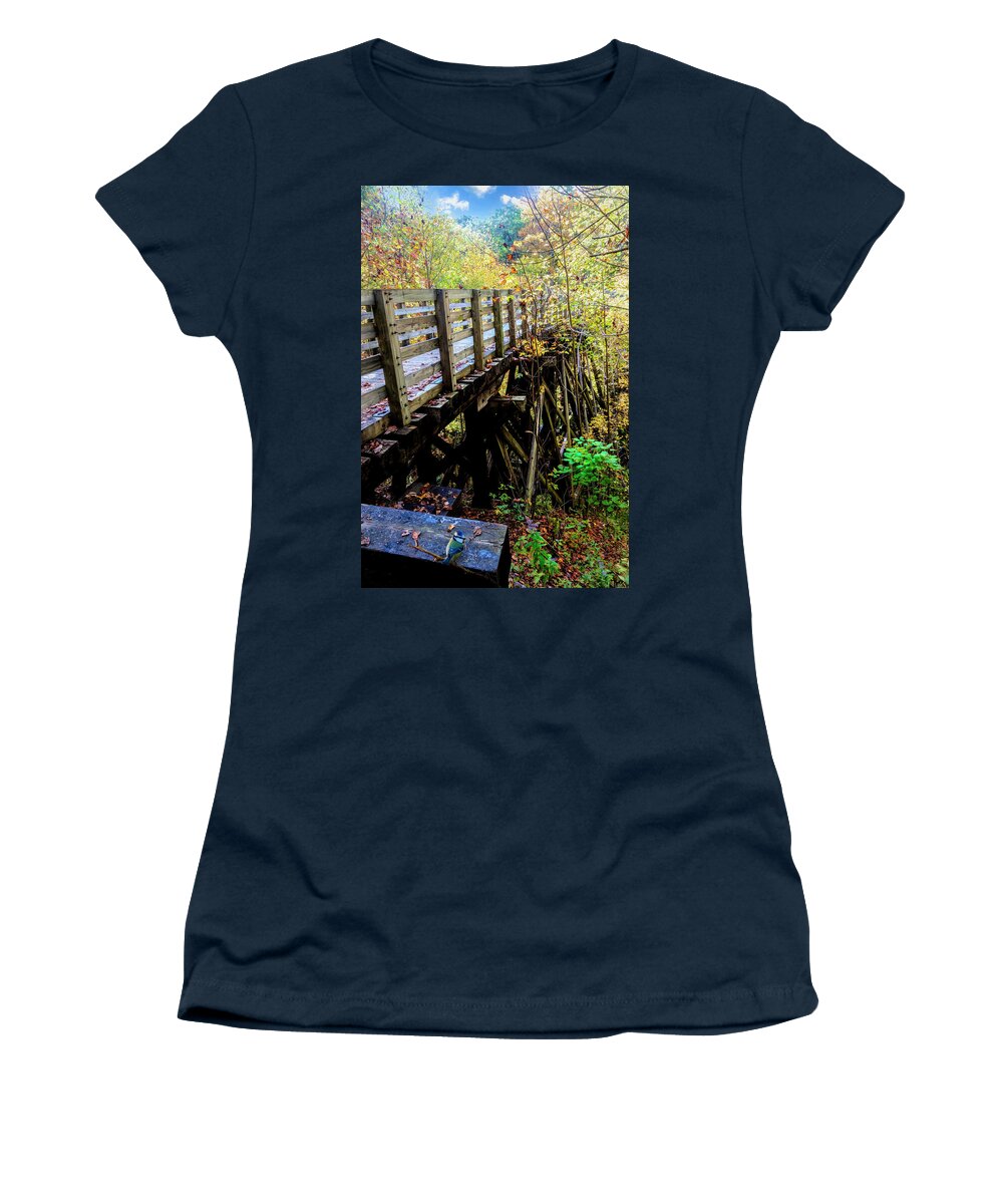 Bird Women's T-Shirt featuring the photograph Blue Bird on the Trestle Creeper Trail Damascus Virginia by Debra and Dave Vanderlaan