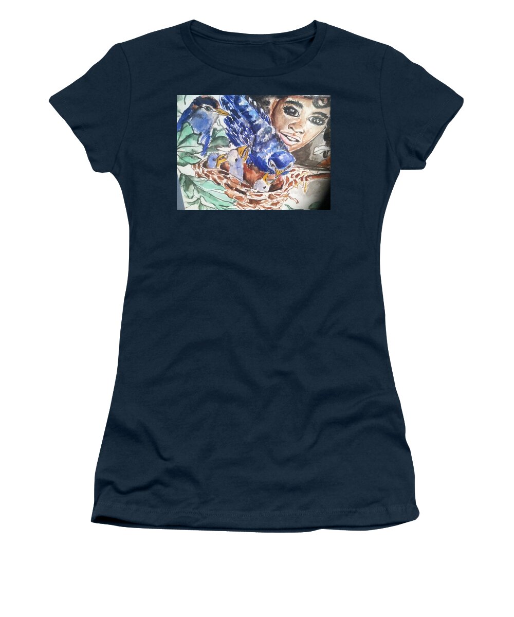  Women's T-Shirt featuring the painting Blue Birds by Angie ONeal