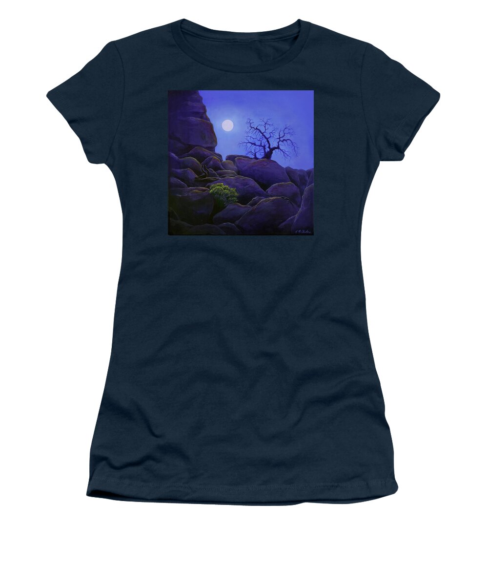 Kim Mcclinton Women's T-Shirt featuring the painting Ghost Tree in Blue Desert Moon by Kim McClinton
