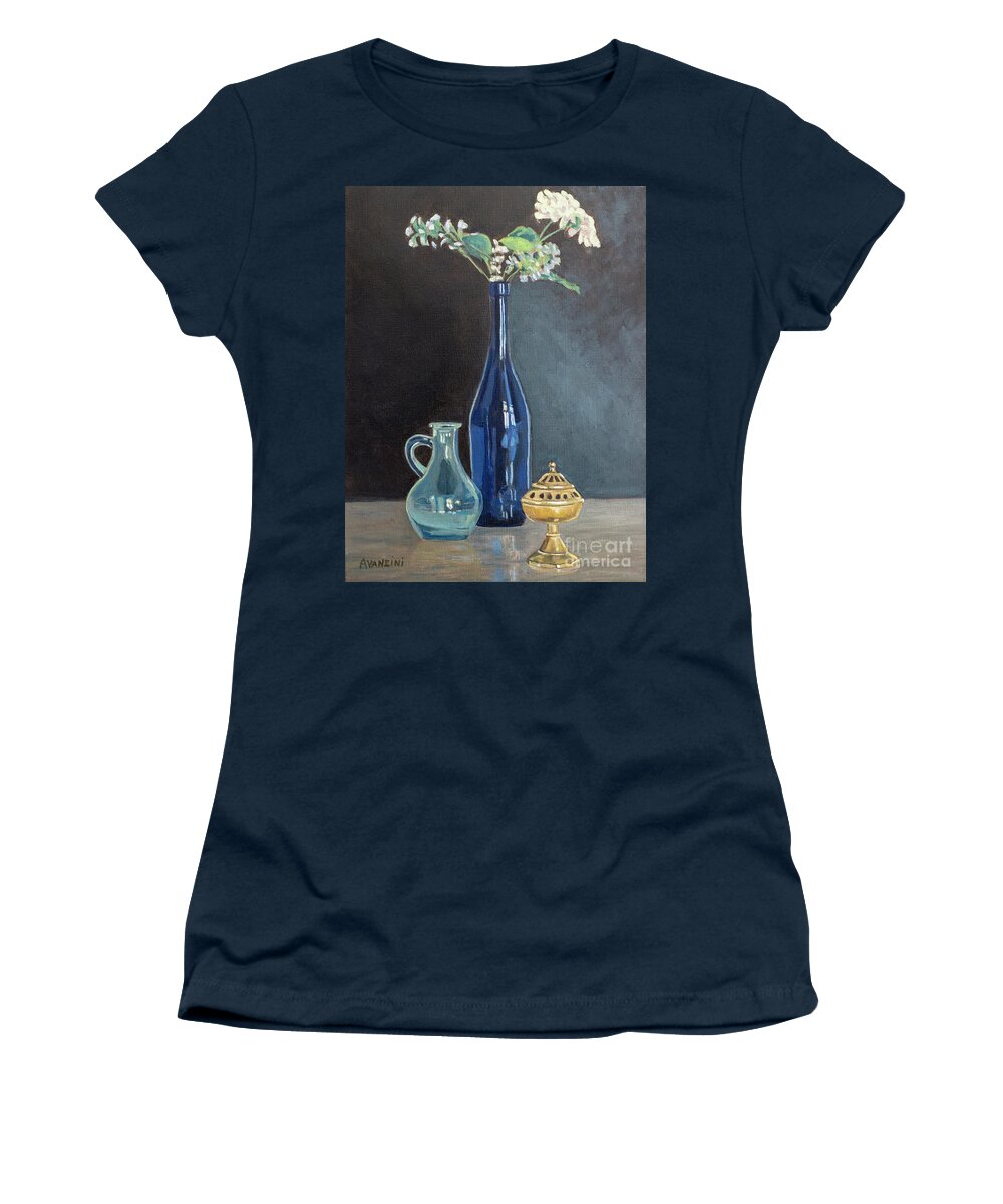 Taste Women's T-Shirt featuring the painting Blue Glass Wine Bottle with Flowers Water Jug and Censer Still Life by Pablo Avanzini