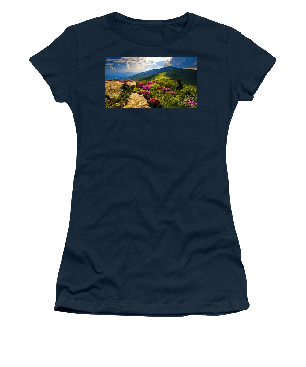 Blue Ridge Parkway Women's T-Shirt featuring the mixed media Blue Ridge Parkway Catawba Rhododendrons by Sandi OReilly