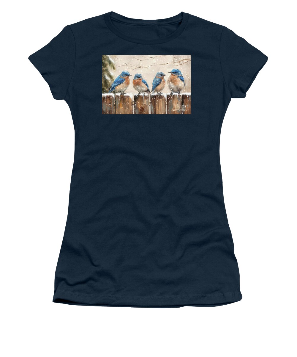 Bluebirds Women's T-Shirt featuring the painting Bluebirds On The Fence by Tina LeCour