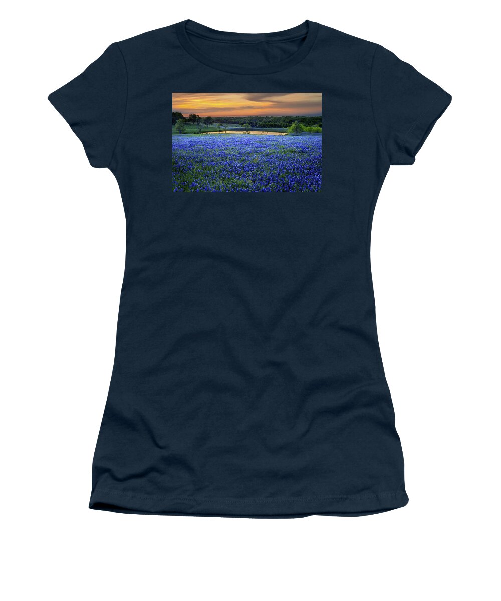 Texas Bluebonnets Women's T-Shirt featuring the photograph Bluebonnet Lake Vista Texas Sunset - Wildflowers landscape flowers pond by Jon Holiday