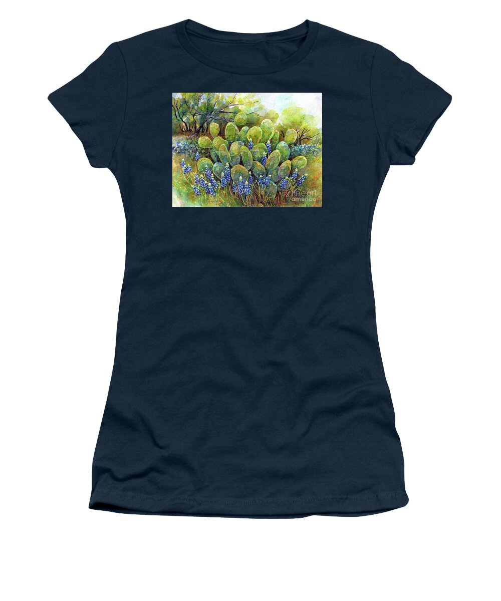 Cactus Women's T-Shirt featuring the painting Bluebonnets and Cactus 2-Pastel Colors by Hailey E Herrera