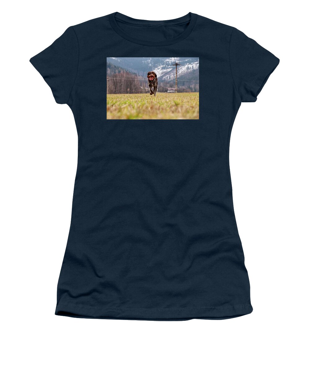 Bohemian Wire Women's T-Shirt featuring the photograph Bohemian Wire Haired Pointing Griffon running towards to me for some food. She jumps and runs to me for my order. by Vaclav Sonnek