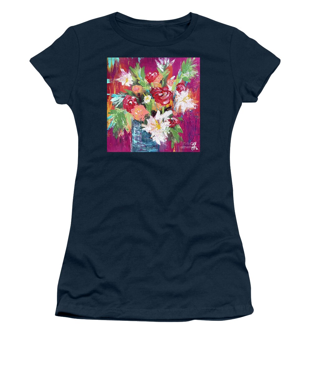 Pink Women's T-Shirt featuring the painting Boho Rose Bouquet in Vase by Joanne Herrmann