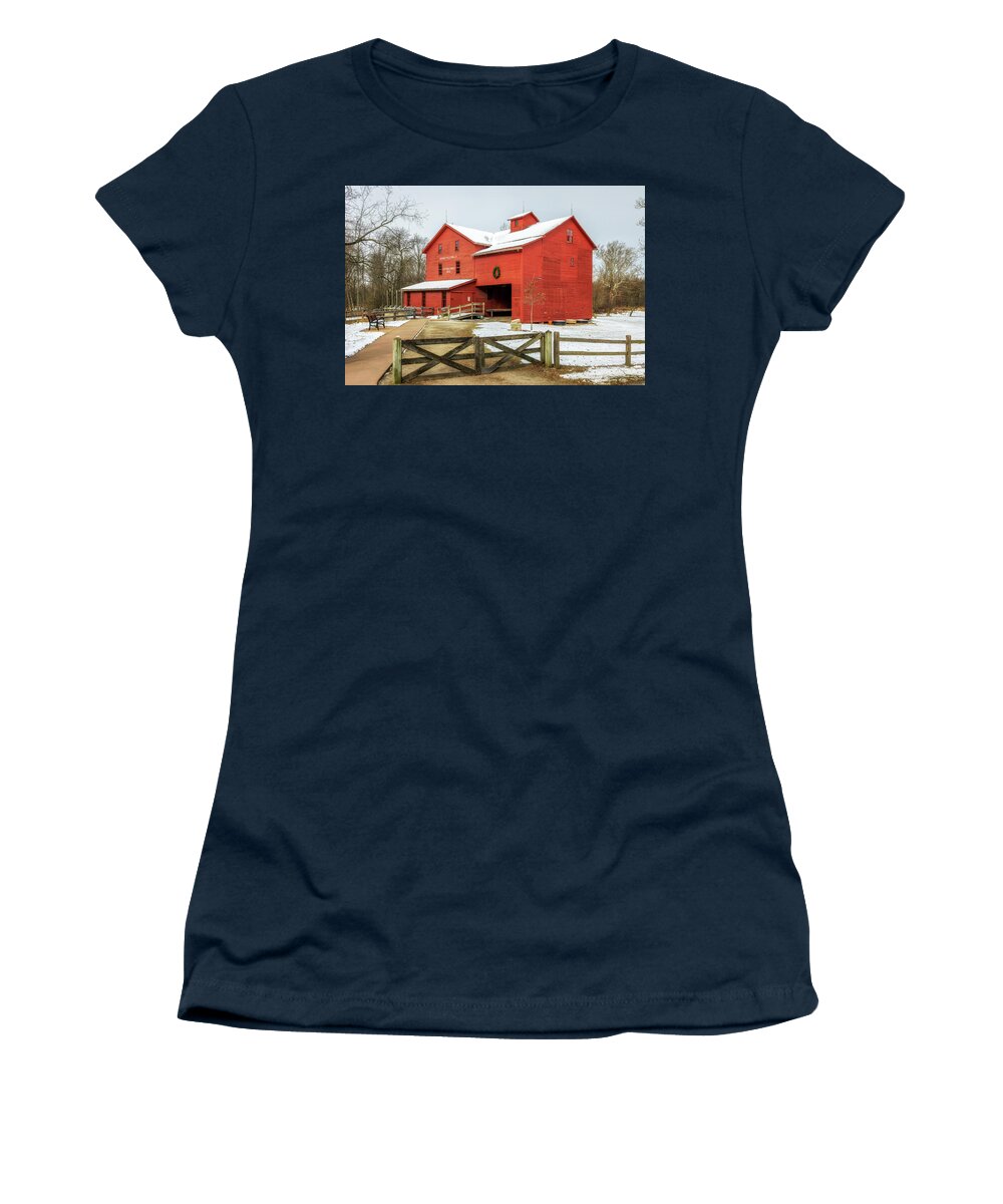 Bonneyville Mills Women's T-Shirt featuring the photograph Bonneyville Mills in Winter by Susan Rissi Tregoning
