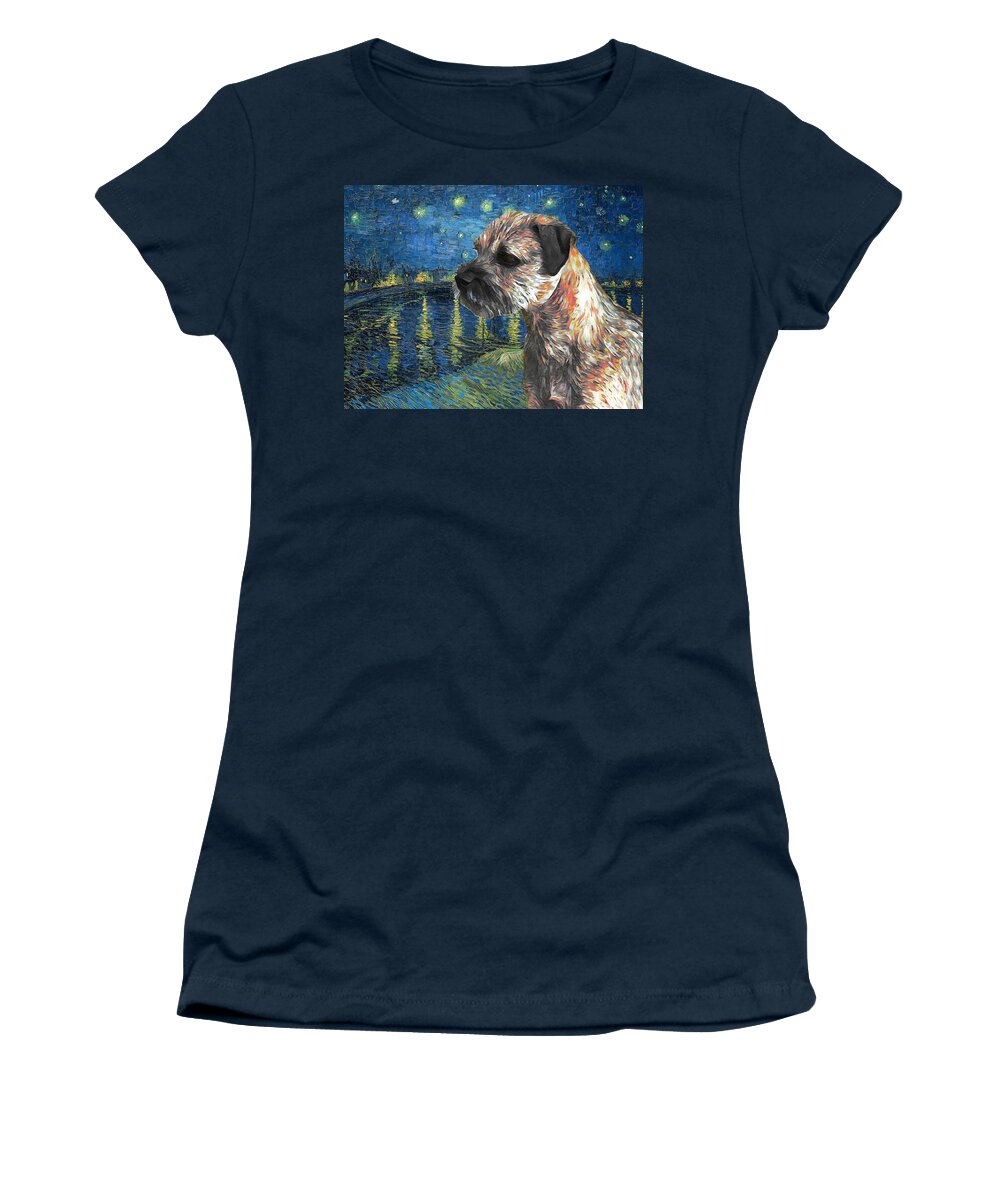 Border Terrier Women's T-Shirt featuring the painting Border Terrier Art Starry Night over the Rhone Van Gogh Border Dog Print by Sandra Sij