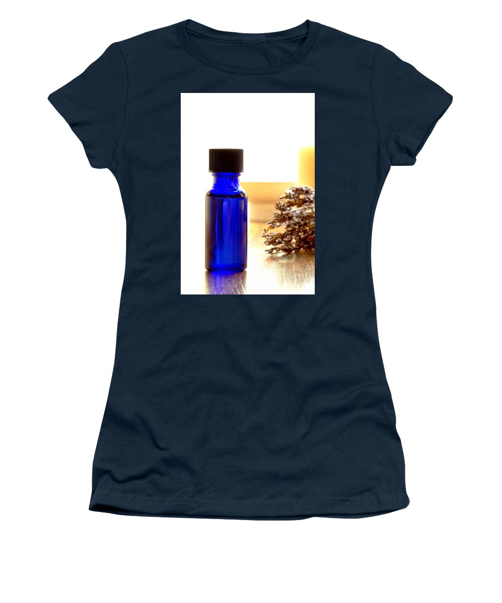 Blue Women's T-Shirt featuring the photograph Bottle of Aromatherapy Lavender Extract Essential Oil by Olivier Le Queinec