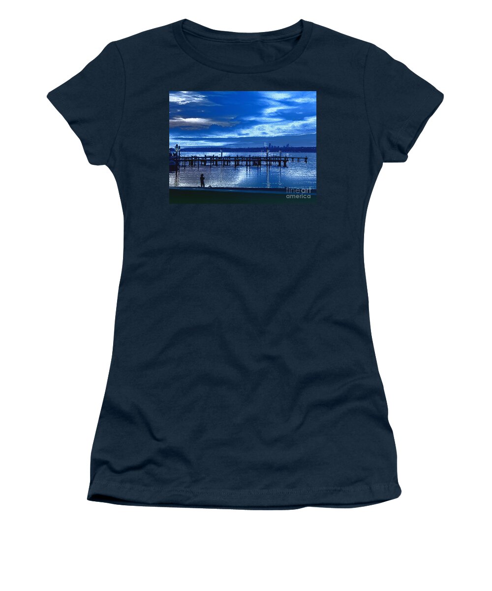 Lake Women's T-Shirt featuring the photograph Boy and the Silvery Blue Lake by Sea Change Vibes
