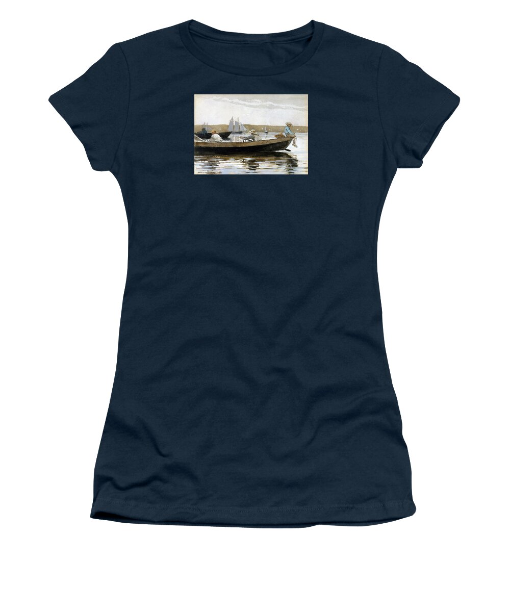 Winslow Homer Women's T-Shirt featuring the painting Boys In A Dory - Winslow Homer 1873 by War Is Hell Store