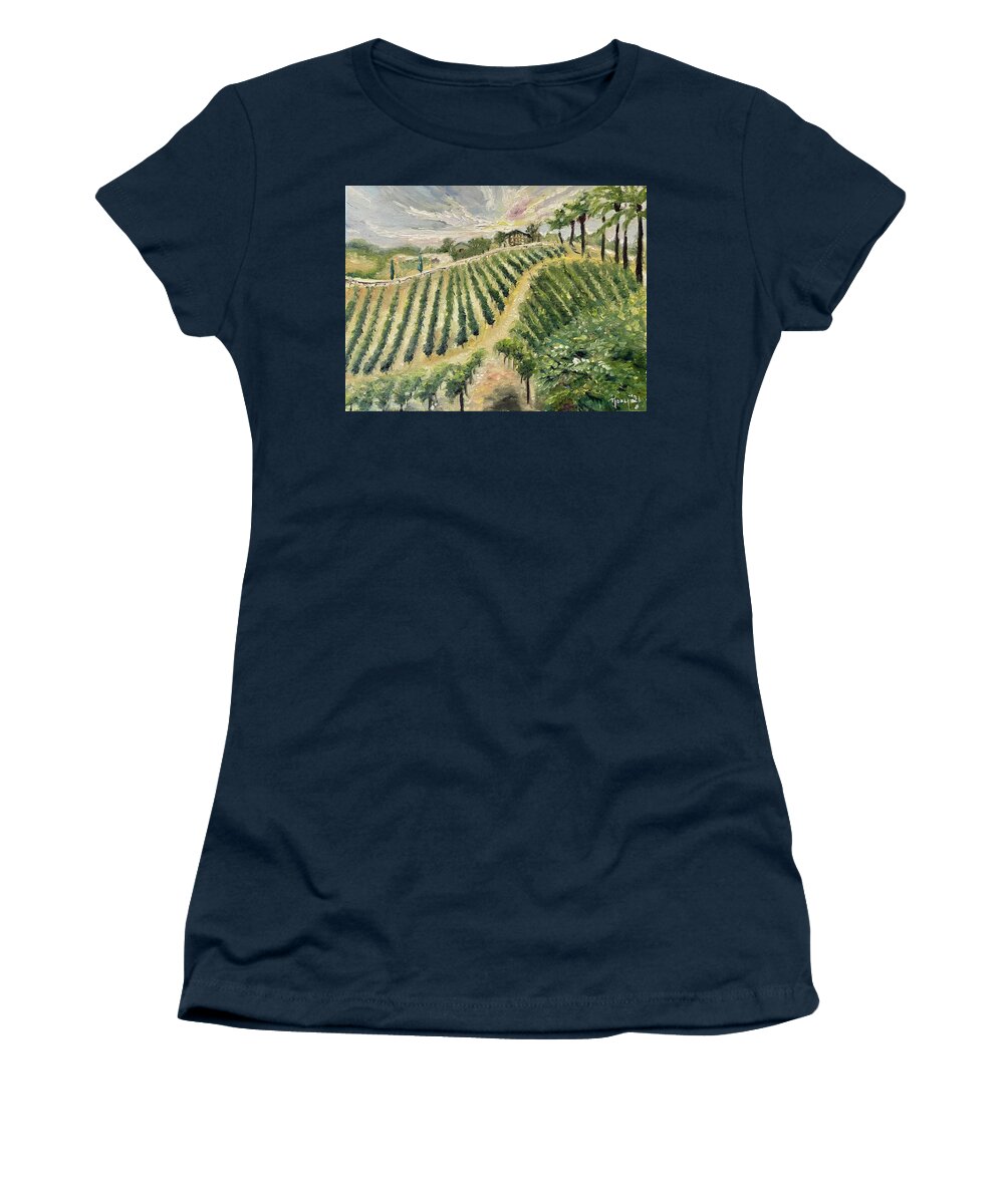 Vineyard Women's T-Shirt featuring the painting Brendas View at Lorenzi Estate Winery in Temecula by Roxy Rich
