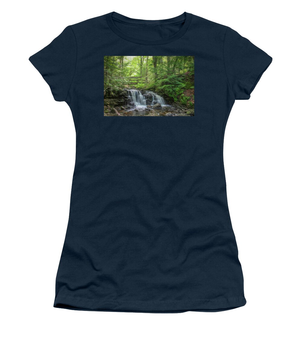 Oil Women's T-Shirt featuring the photograph Bridge Over the Fall Painting by Robert Carter