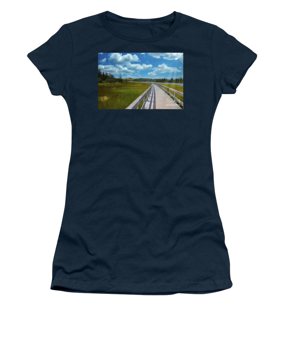 Nova Scotia Canada Women's T-Shirt featuring the photograph Broadwalk Rissers Beach Nova Scotia Canada by Elaine Manley