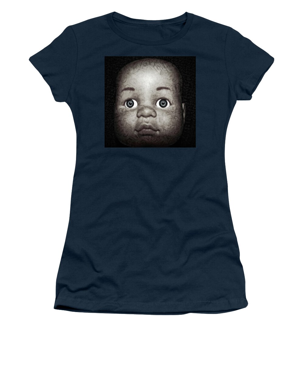 Black And White Women's T-Shirt featuring the photograph Brocade Doll's Head by Tikvah's Hope