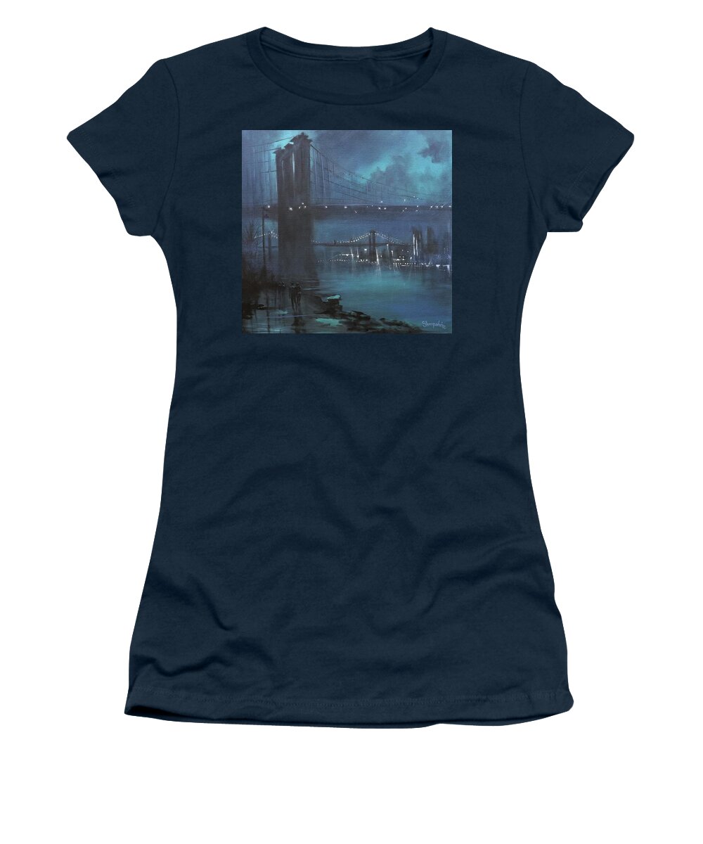 Brooklyn Bridge Women's T-Shirt featuring the painting Brooklyn Bridge In Fog by Tom Shropshire