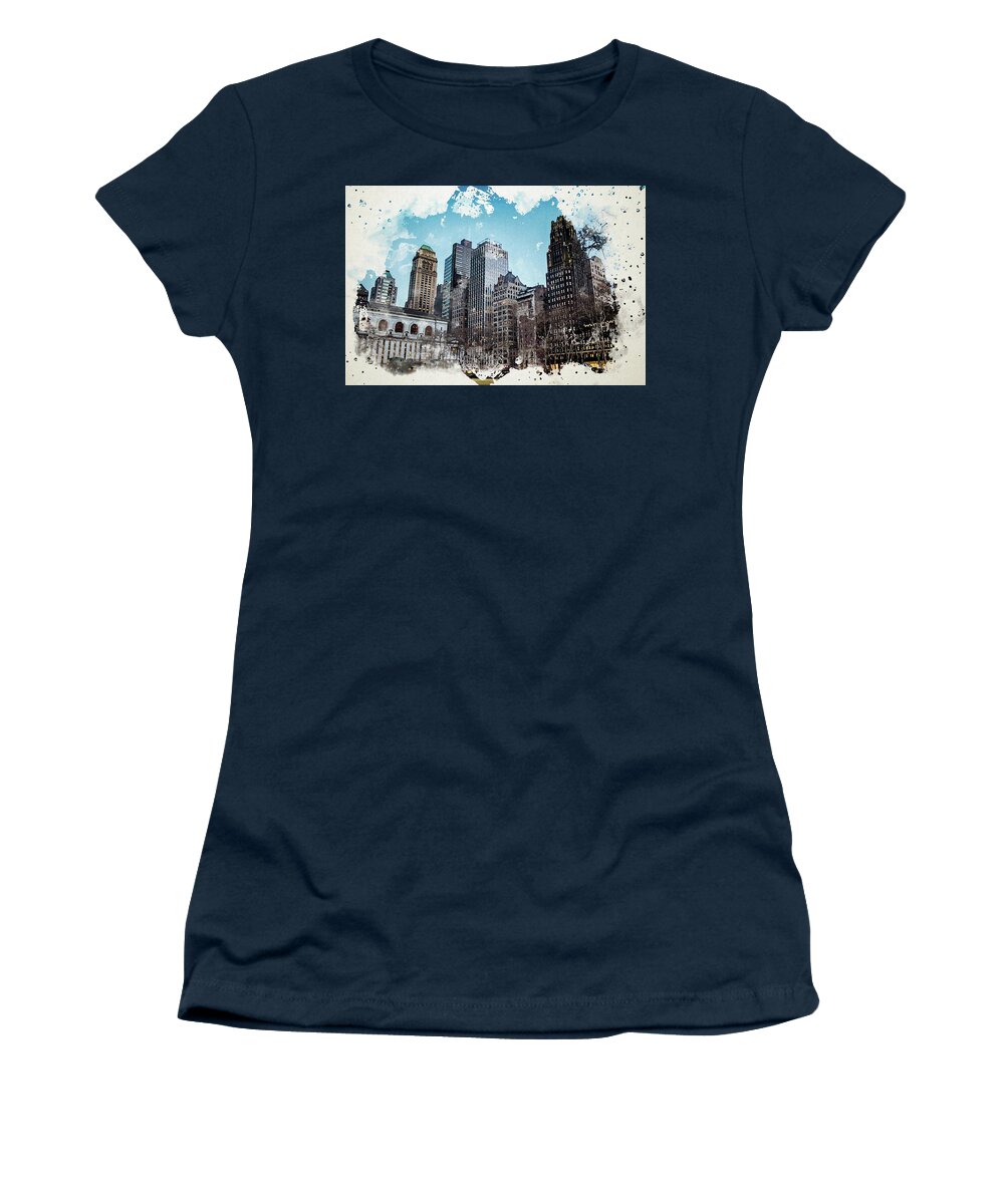 Bryant Park Women's T-Shirt featuring the digital art Bryant Park Watercolor with Splatters by Alison Frank