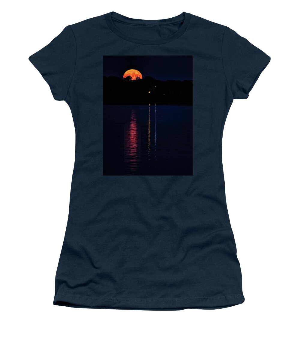 Full Moon Women's T-Shirt featuring the photograph Buck Moon Reflecting In Lake Wausau by Dale Kauzlaric