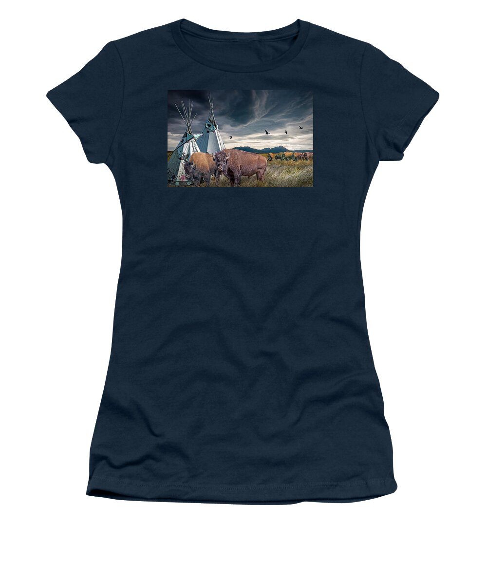 Native Women's T-Shirt featuring the photograph Buffalo Herd by Indian Tepees with Blackbirds by Randall Nyhof