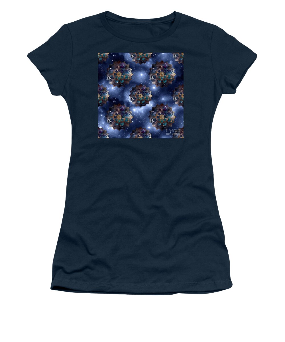 Watercolor Women's T-Shirt featuring the digital art Bulena - Blue Watercolor Mandala Galaxy Dharma Pattern by Sambel Pedes