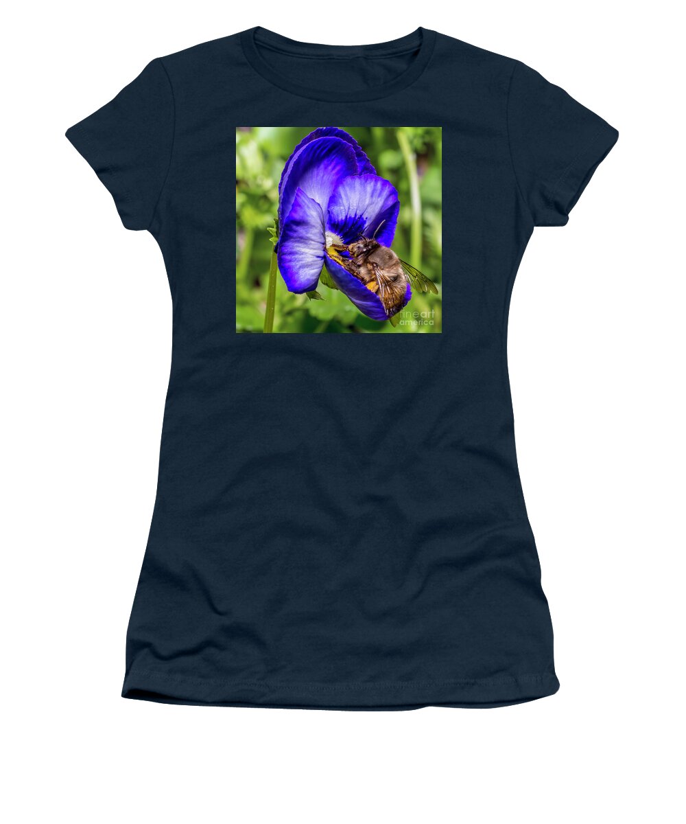 Bumble Women's T-Shirt featuring the photograph Bumble Bee On A Blue Flower by Gemma Mae Flores Sellers
