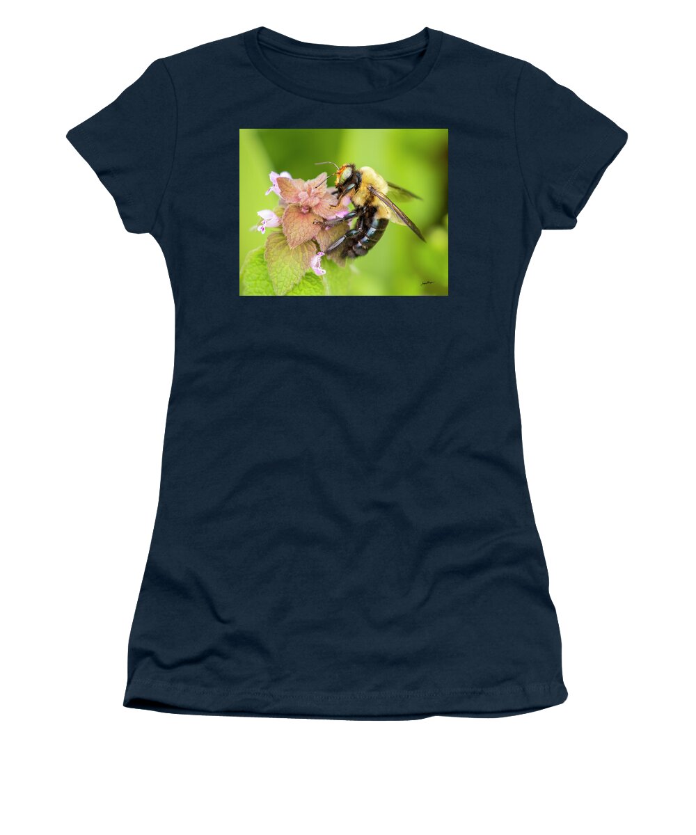Common Eastern Bumble Bee Women's T-Shirt featuring the photograph Bumble Bee Visit by Jurgen Lorenzen