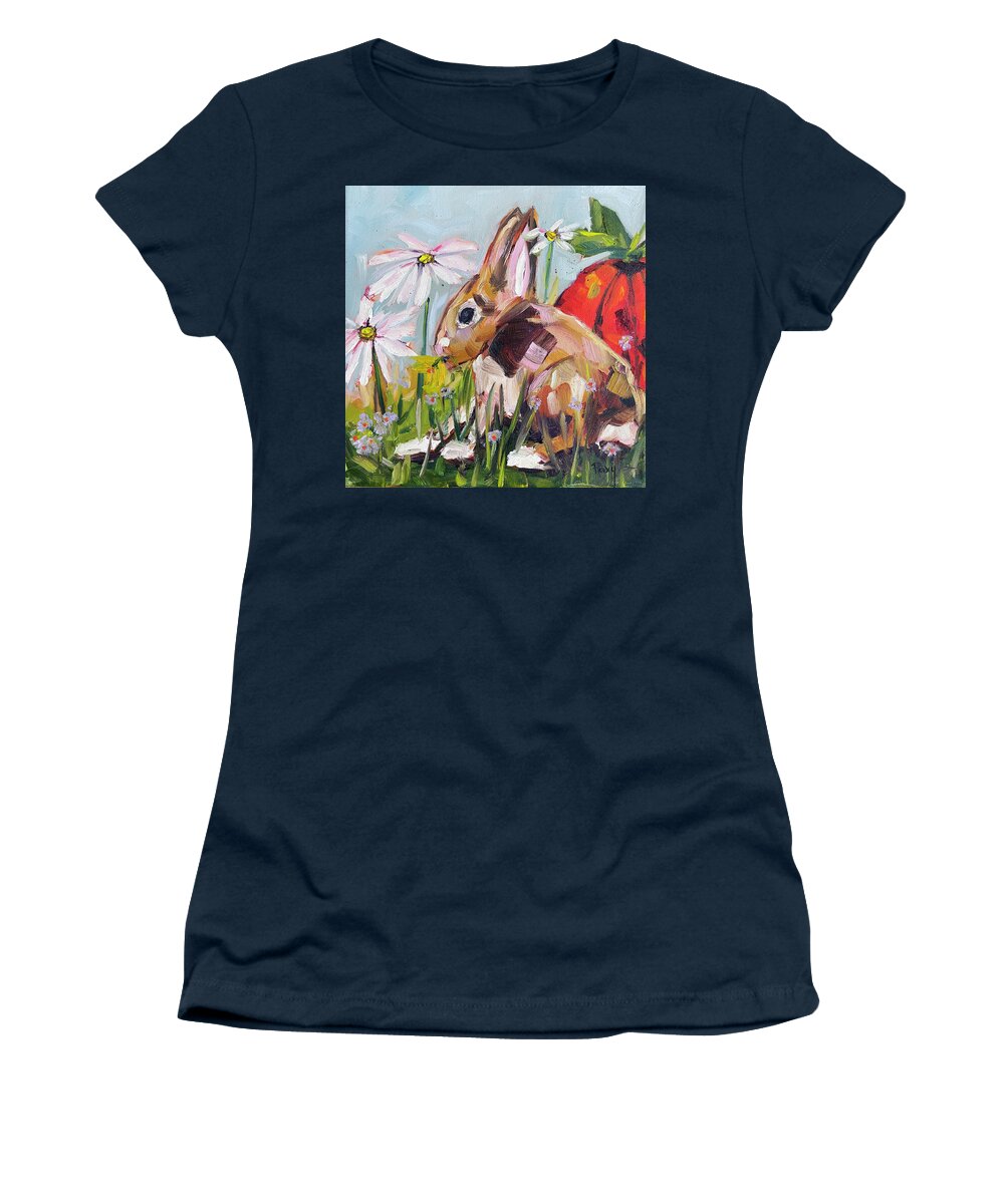 Bunny Women's T-Shirt featuring the painting Bunny in the Garden by Roxy Rich