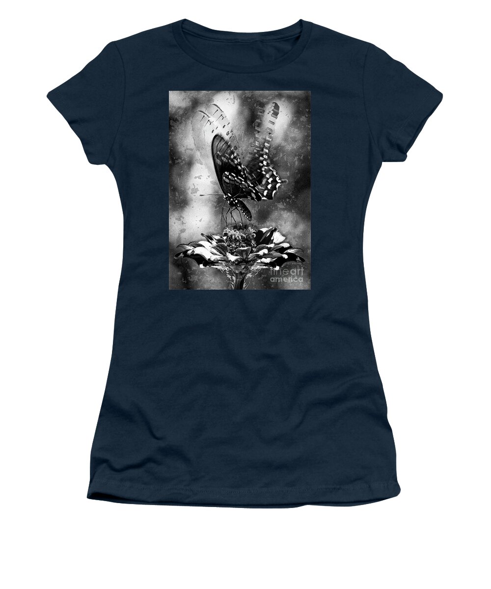 Butterfly Women's T-Shirt featuring the digital art Butterfly And Flower - Black And White by Anthony Ellis
