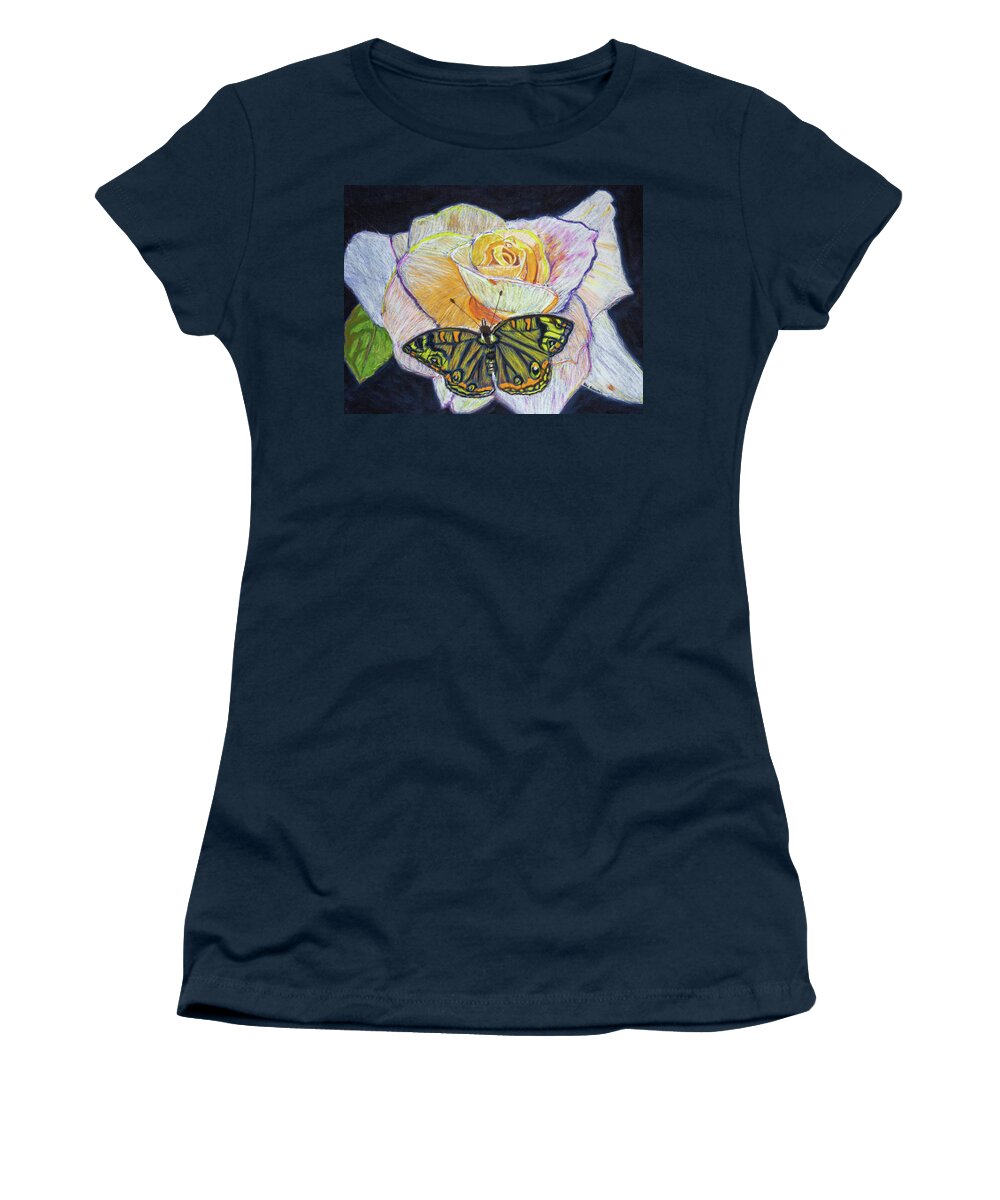 Butterfly Women's T-Shirt featuring the drawing Butterfly on a Rose by Ali Baucom