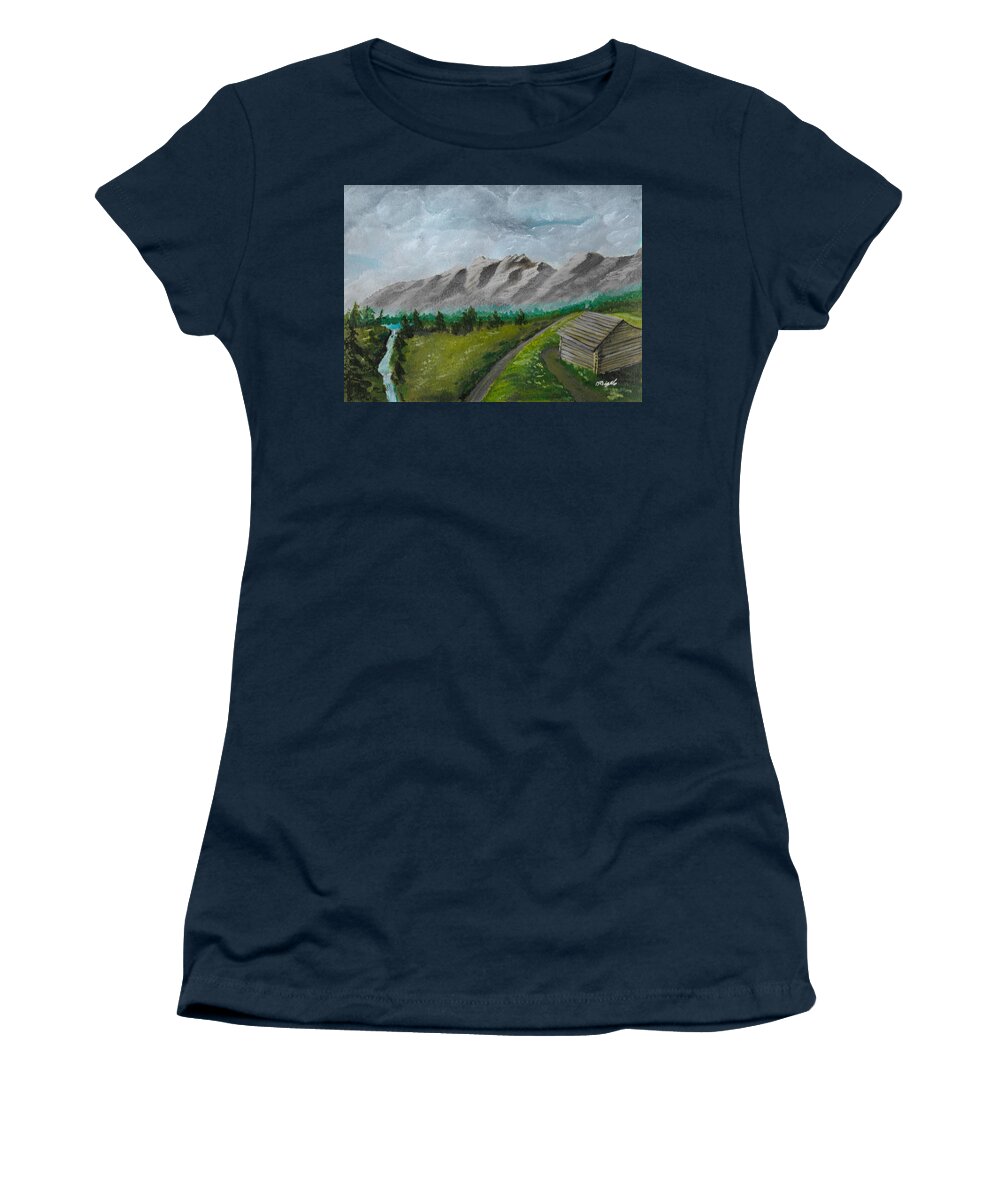 Cabin Women's T-Shirt featuring the painting Cabin on hill by David Bigelow