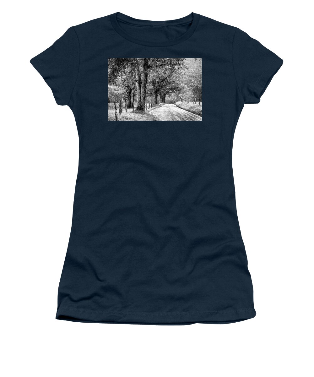 Cades Women's T-Shirt featuring the photograph Cades Cove Sparks Lane Loop Black and White by Debra and Dave Vanderlaan