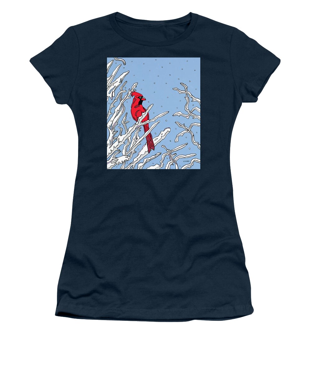 Cardinal Winter Branches Bird Women's T-Shirt featuring the painting Cardinal Winter by Mike Stanko