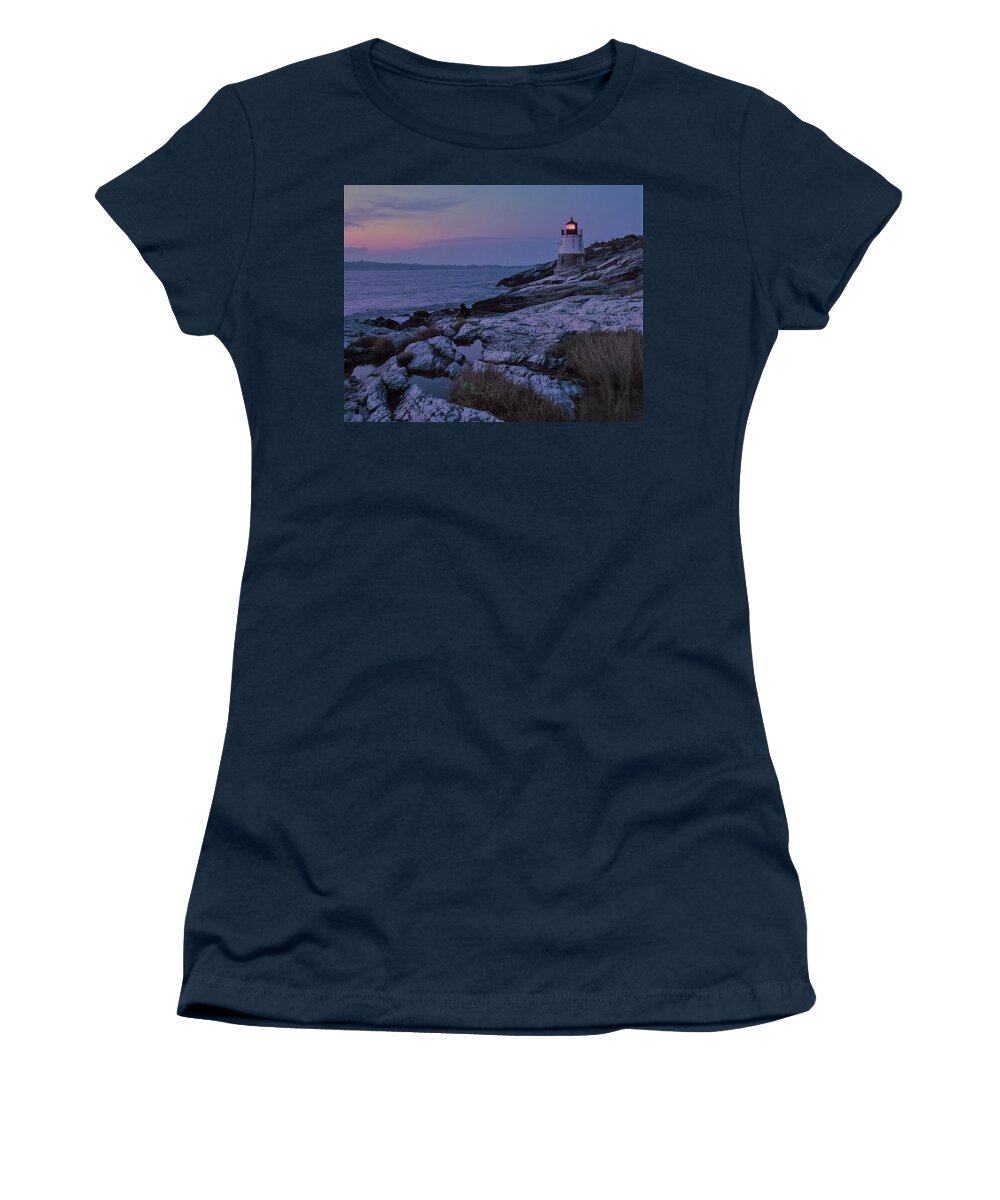 Castle Hill Lighthouse Women's T-Shirt featuring the photograph Castle Hill Lighthouse at sunset by Christina McGoran