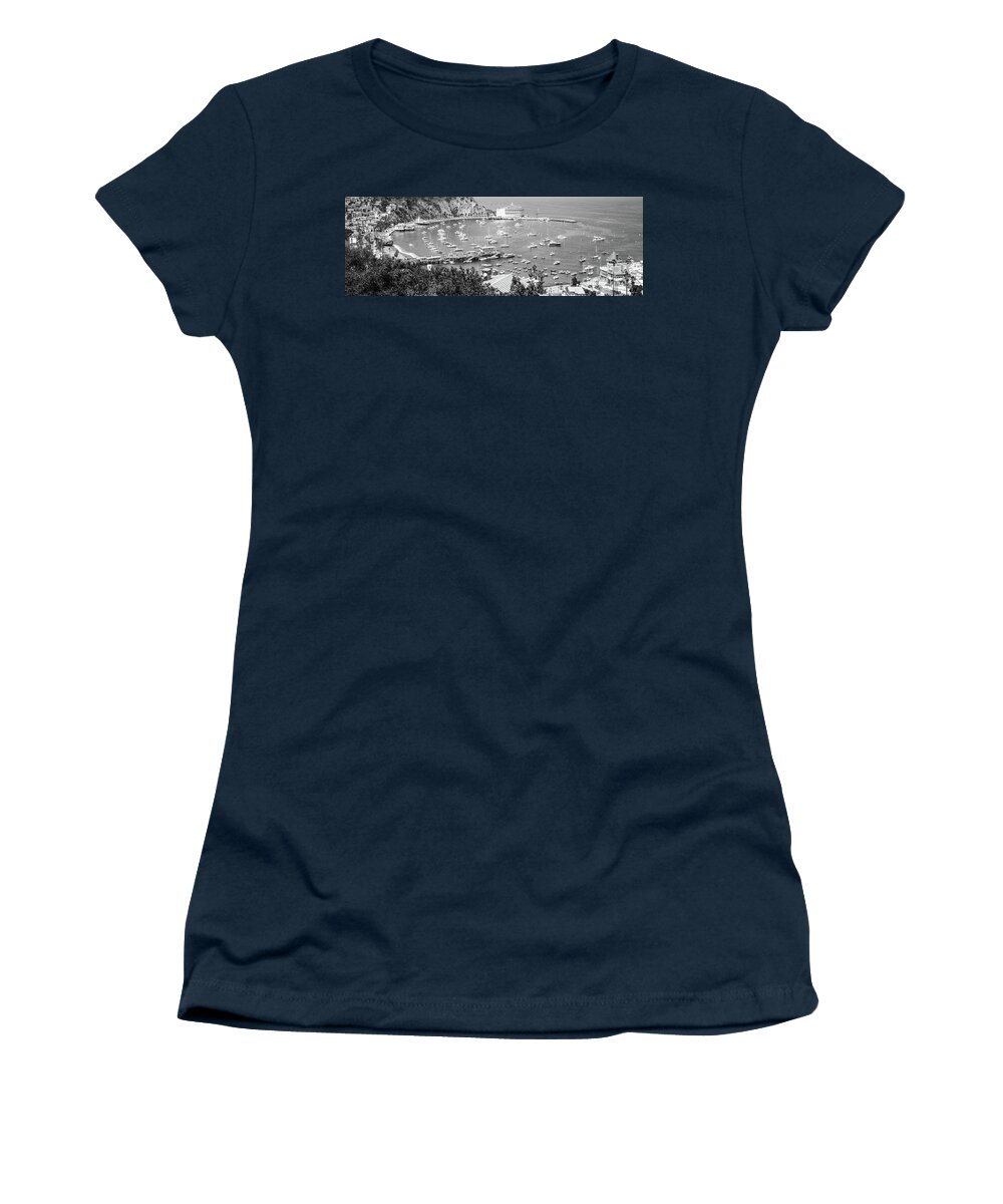 America Women's T-Shirt featuring the photograph Catalina Island Avalon Harbor Black and White Panorama by Paul Velgos
