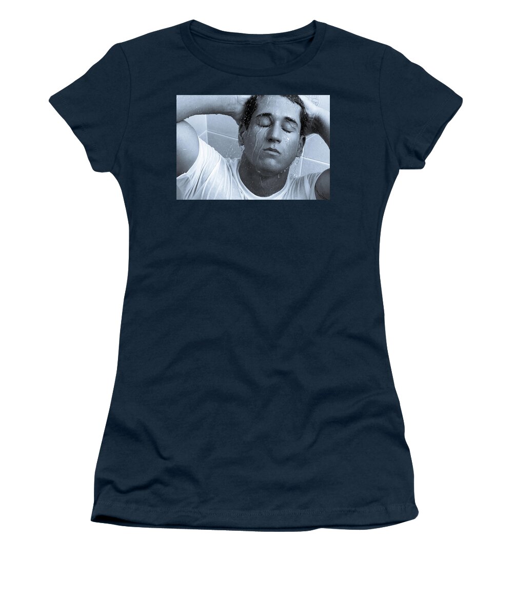 Caz Women's T-Shirt featuring the photograph Caz in the shower by Jim Whitley