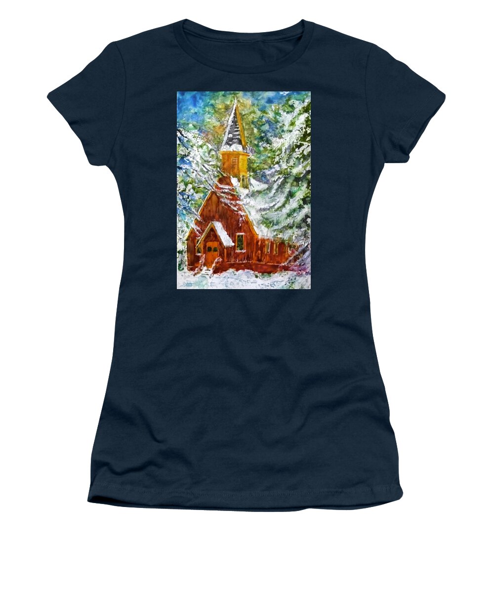 Church Women's T-Shirt featuring the painting Chapel by Moonllight by Cheryl Wallace