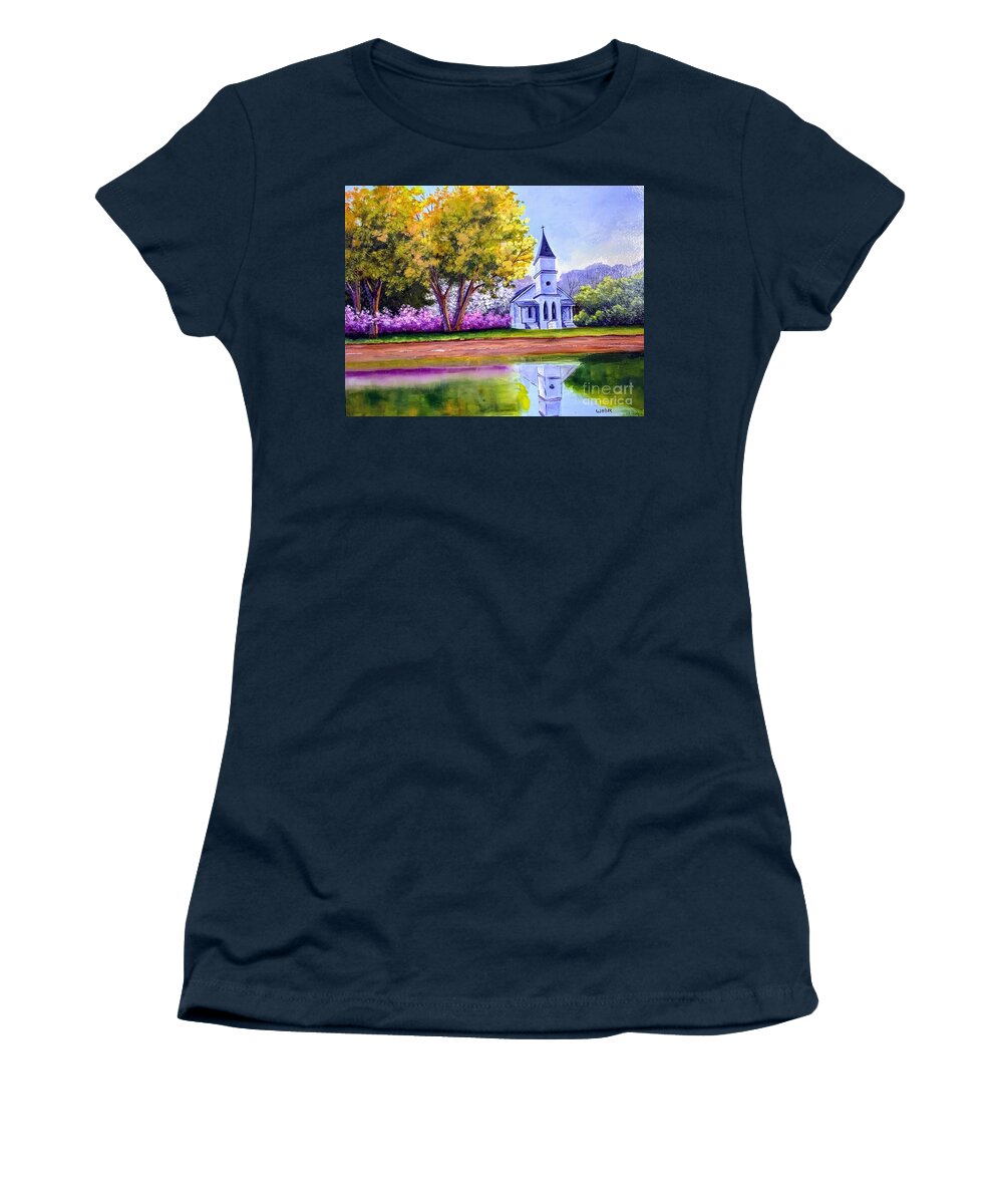 Lake Women's T-Shirt featuring the painting Chapel on the lake by Jerry Walker