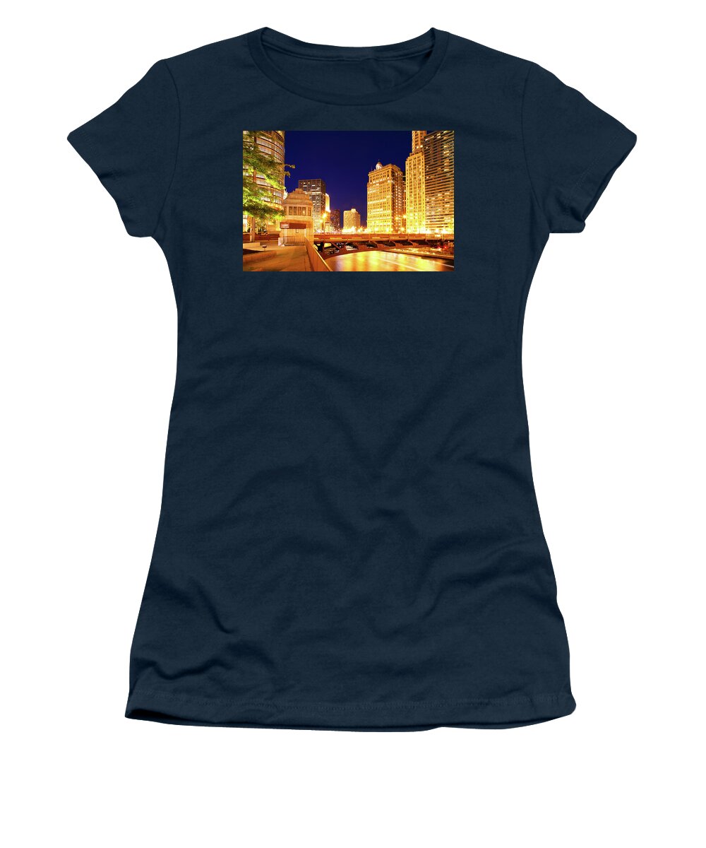 Chicago Skyline Women's T-Shirt featuring the photograph Chicago Skyline River Bridge Night by Patrick Malon