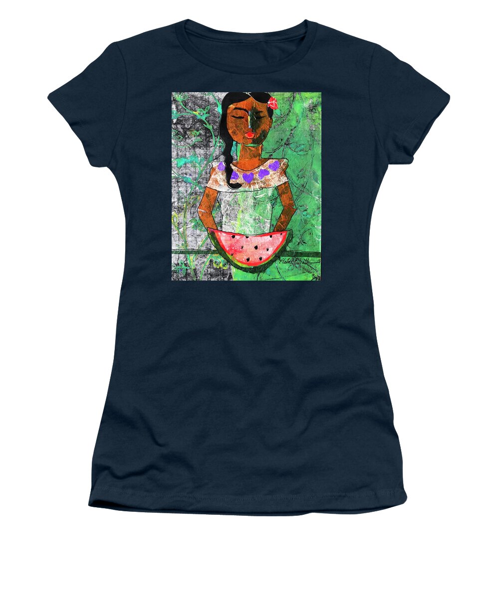 Abstract Portrait Women's T-Shirt featuring the painting Chiquita con Melon by Elaine Elliott