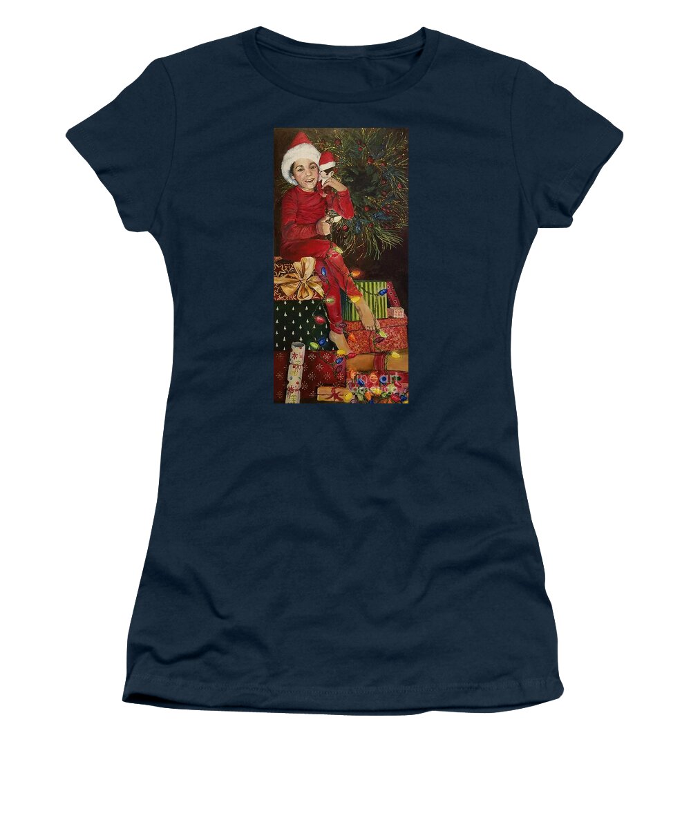 Christmas Women's T-Shirt featuring the painting Christmas elves by Merana Cadorette