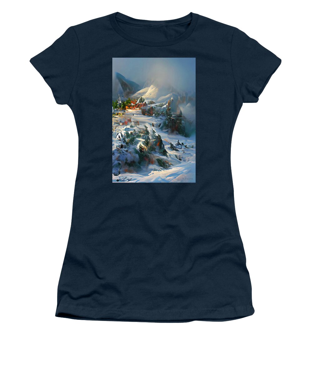 A Fantasy/impressionistic World In The Mountains On Christmas Eve.  Women's T-Shirt featuring the digital art Christmas on the Mountain by Rod Melotte