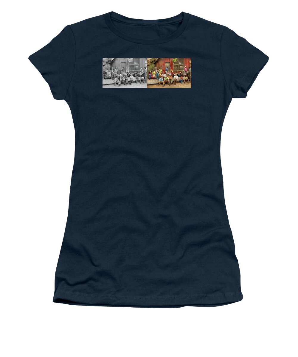 New Mexico Women's T-Shirt featuring the photograph City - Mogollon, NM - Town gathering 1940 - Side by Side by Mike Savad