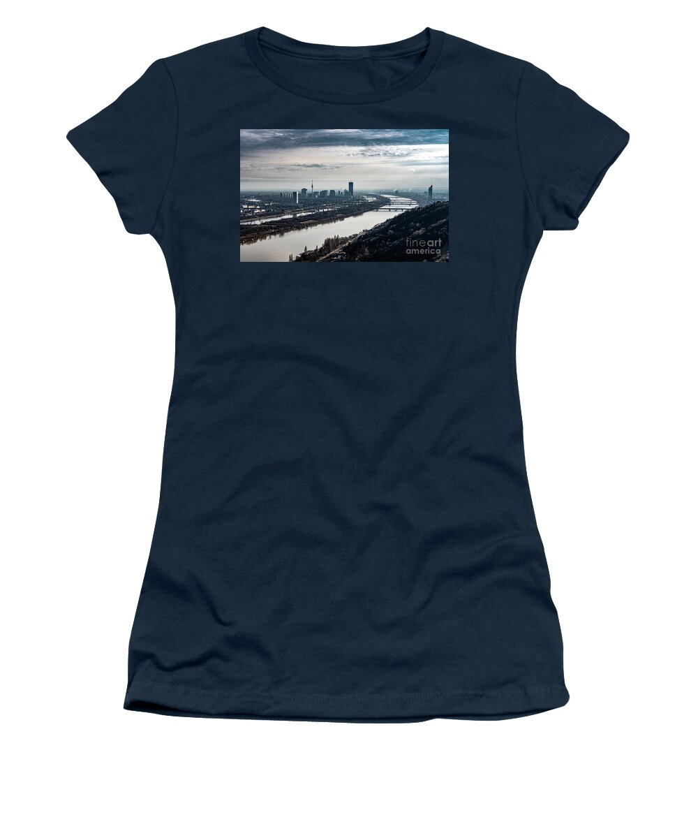 Aerial Women's T-Shirt featuring the photograph City Of Vienna With Suburbs And River Danube In Austria by Andreas Berthold