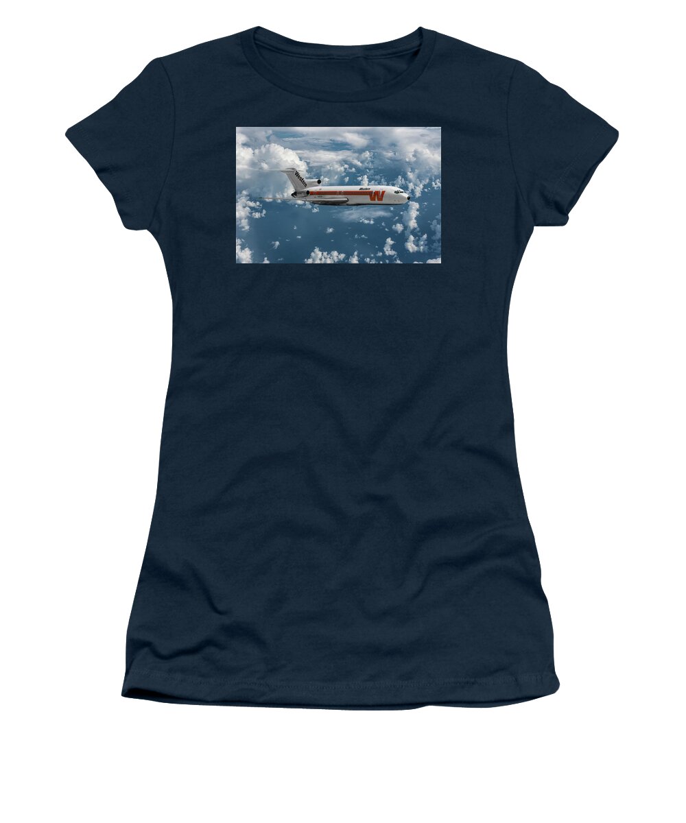 Western Airlines Women's T-Shirt featuring the mixed media Classic Western Airlines Boeing 727 by Erik Simonsen