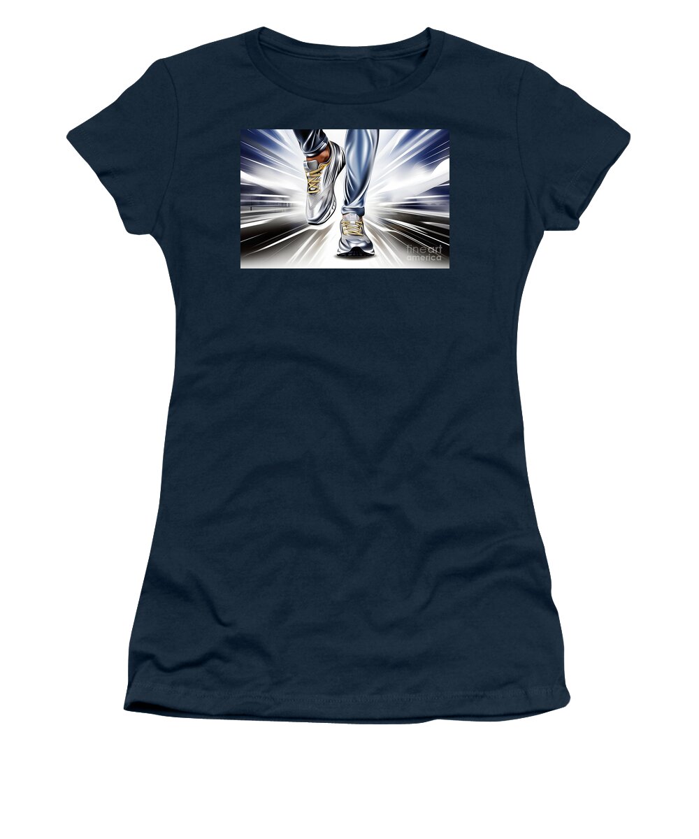 Health Women's T-Shirt featuring the digital art Close-up of shoes, feet of running athlete running on selected path. by Odon Czintos
