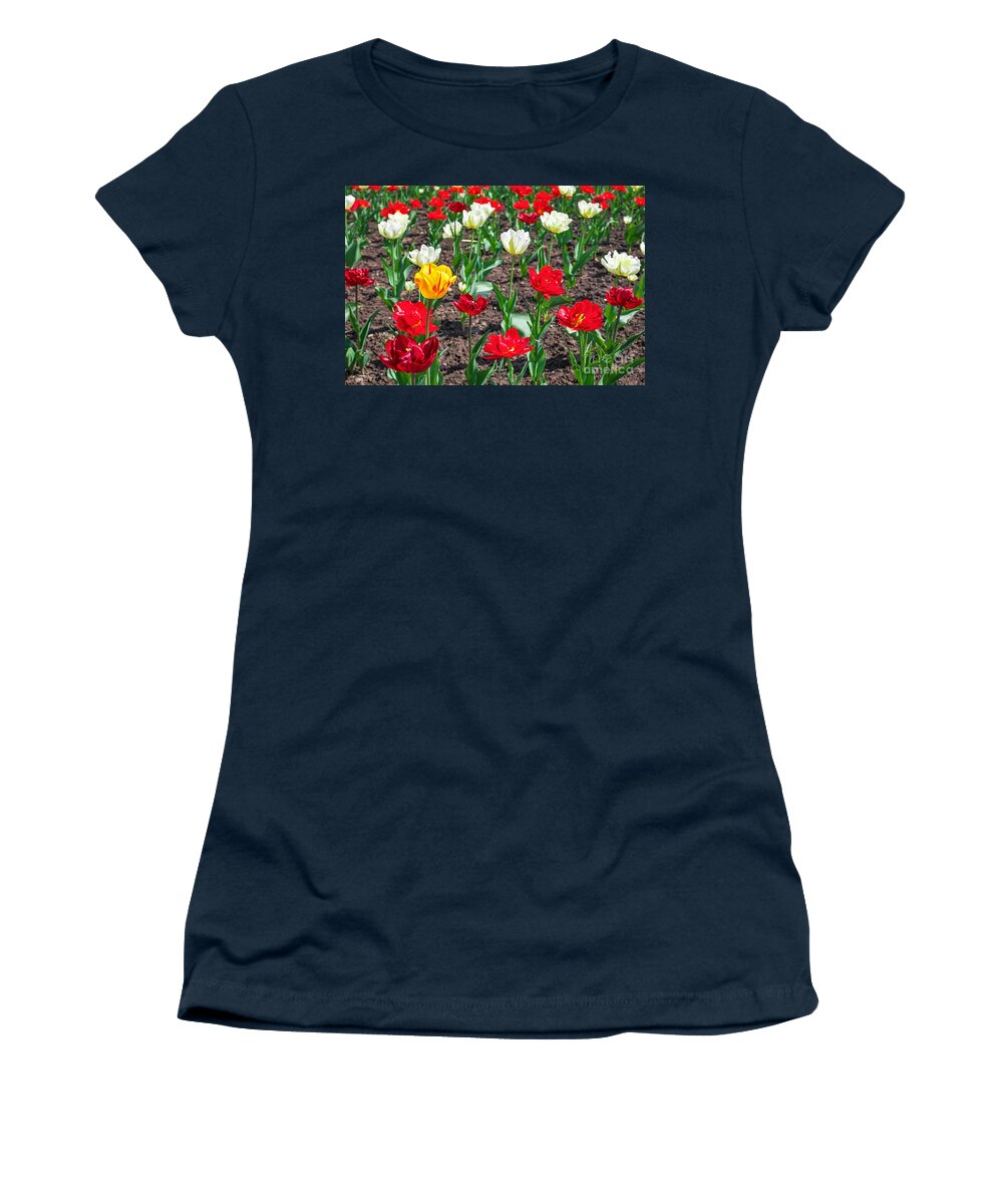 8 March Women's T-Shirt featuring the photograph Colorful flowers in springtime. Tulips field Background by Boon Mee