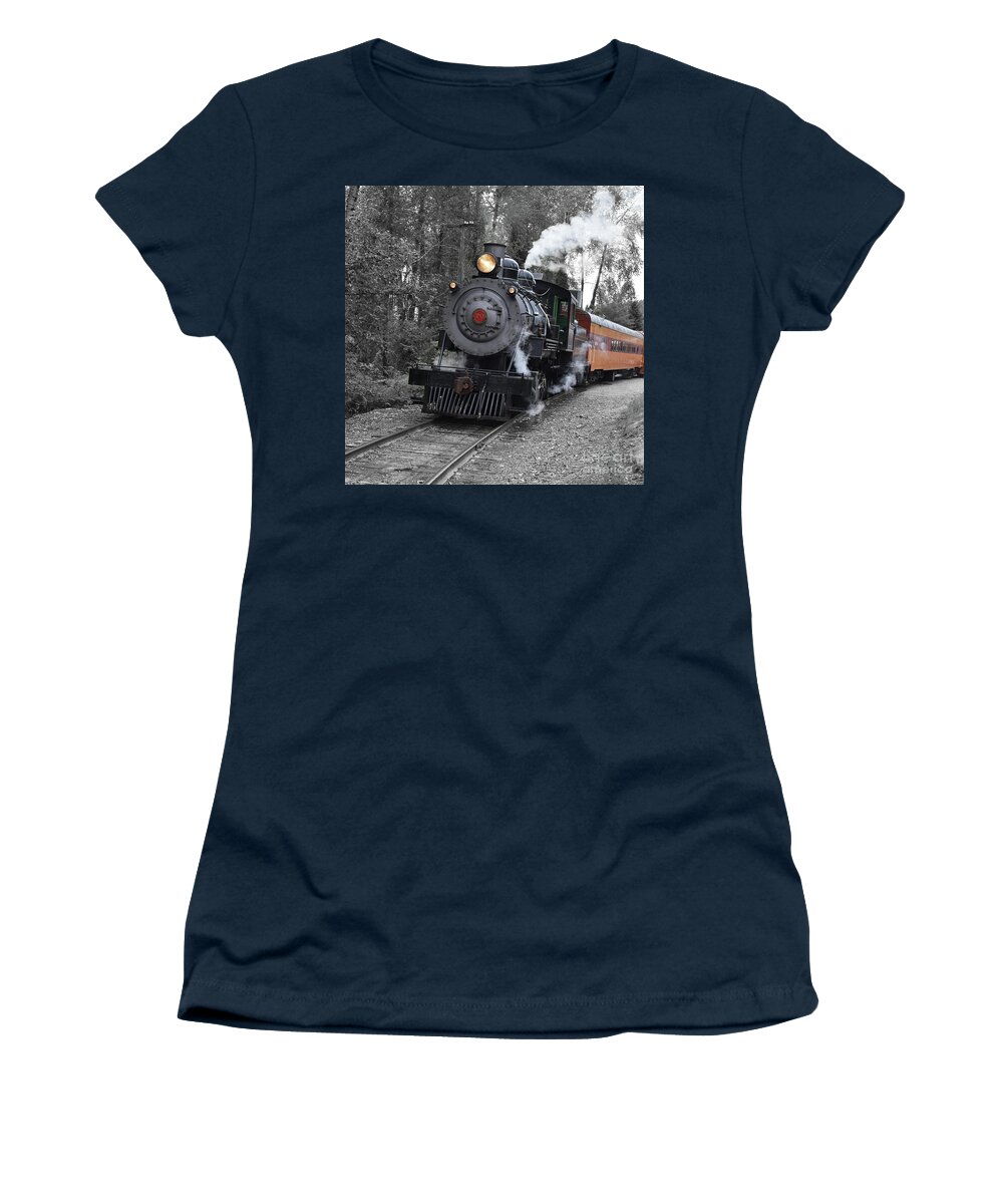Mt. Rainier Scenic Railroad Women's T-Shirt featuring the photograph Comin' Round The Bend by Ron Long
