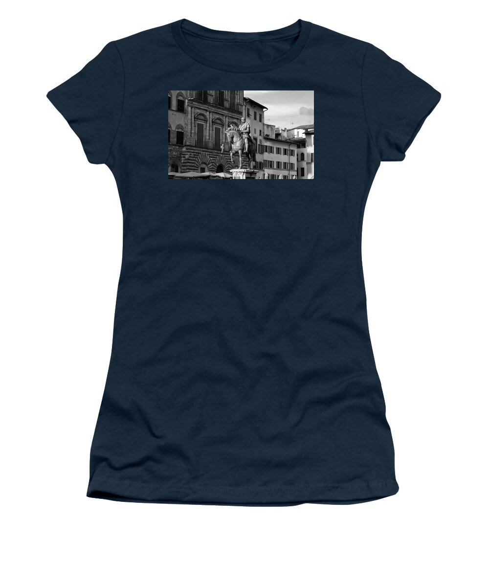 Florence Women's T-Shirt featuring the photograph Cosimo I Bronze Equestrian Monument Piazza Della Signoria Florence Italy Black and White by Shawn O'Brien