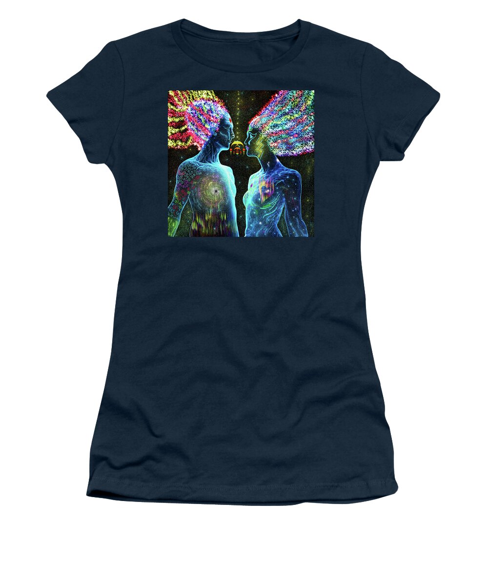  Visionary Art Women's T-Shirt featuring the digital art Cosmic Love Entanglement by Myztico Campo